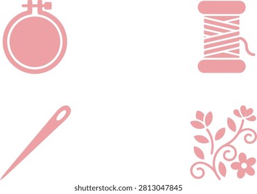 A collection of sewing tools including a needle, thread, and floral design on a pastel background