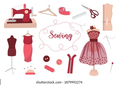 Collection of sewing tools, needles, threads, manikin, sewing machine, hanger, measuring tape. handicraft, needlework concept. vector illustration