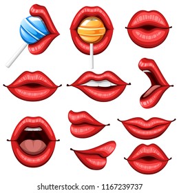 Collection of sexy red lips. Biting, kiss, smile, open and close. Lips with lollipop. Colorful icon. Flat vector illustration isolated on white background.