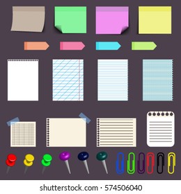 Collection shadow different colored stickers. Paper clips, thumbtacks, torn paper, in-line, into the cell, the bookmark, notebook. Illustration EPS 10