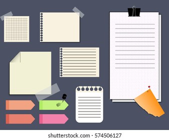 Collection shadow different colored stickers. Paper clips, thumbtacks, torn paper, paper in line, notebook, illustration EPS 10.