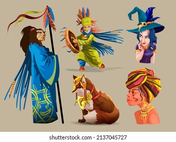 Collection Shamans, sorcerers, Indian, witches, voodoo clan, African shaman. Dance with a tambourine. Chief with staff