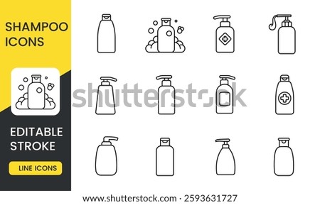 A collection of shampoo icons featuring various bottle designs, including pump dispensers, and medicated shampoo bottles, representing hygiene, hair care, and pet grooming in an editable stroke style.