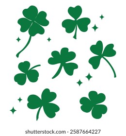 A collection of shamrock and clover silhouettes, perfect for St. Patrick’s Day, Irish-themed designs, and lucky decorations.