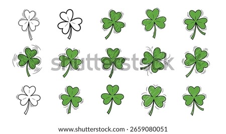 A collection of shamrock illustrations demonstrating various artistic styles and color variations for st patricks day celebrations