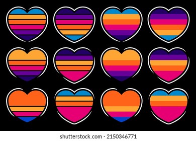 Collection shape hearts with sunset background isolated black background