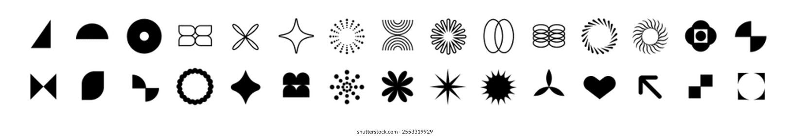 A collection of shapes in brutalist style with geometric forms and minimal symbols like stars and spirals for decoration.