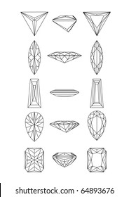 Sammlungsformen von Diamanten auf weißem Hintergrund. Wireframe