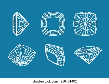 Sammlungsformen von Diamanten. Wireframe-Illustrationsschnitt Edelsteinreihen
