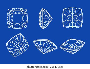 Collection shapes of diamond. Wireframe illustration cut precious gem stones set of forms