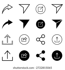 Collection of share icon designs. Link, share arrow, social media, distribute, referral, share link button and more. Share icon line and silhouette vector.