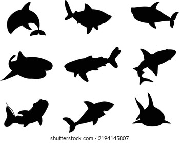 
Collection of Shark icon flat isolated vector Silhouettes