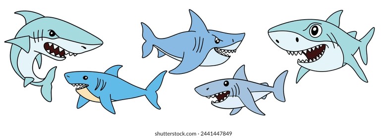 Collection of sharks in doodle style colored outline Hand drawn vector art
