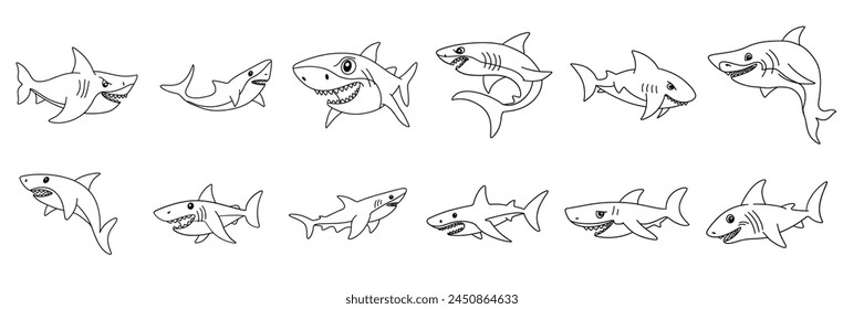 Colección de tiburones aislados sobre fondo transparente. Arte vectorial dibujado a mano.