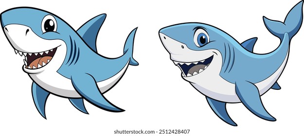 Collection of sharks isolated on transparent background. Hand drawn vector art.
