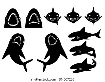 Collection of sharks silhouette in cartoon style. front, under and side view