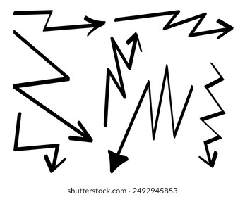 A collection of sharp, zigzag hand-drawn arrows in various directions. Vector illustration.