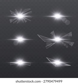 Collection of shattered glass pieces creating transparent explosion and flash effects