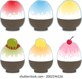 Collection of shaved ice dessert with different flavored syrup and topping