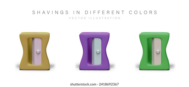 Collection with shavings in different colors. Sharpener in yellow, purple