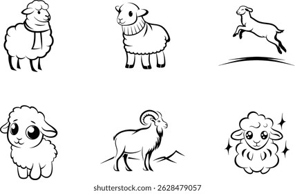 Collection of sheep character outlines black and white illustration vector file