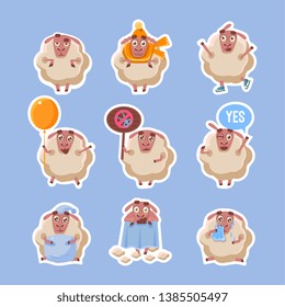 Collection of Sheep Stickers, Funny Farm Fluffy Animal Character in Different Situations and Emotions Vector Illustration