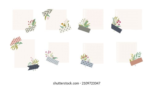 Colección de hojas de papel con piezas de cinta washi y flores. Vector aislado sobre fondo blanco.