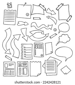 Collection sheets of text bubbles, arrows, note paper, planner and resume sheet, to do list, stickers, label and checkmark marker. Vector doodles. Isolated outline drawns