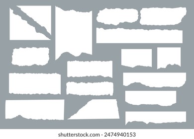 Collection of sheets of torn paper. Place for textbox, frame, speak bubbles. Set of scraps. Notebook and collage. Template. Pieces. Jagged edges. Newspaper. Trendy modern design. Doodle elements