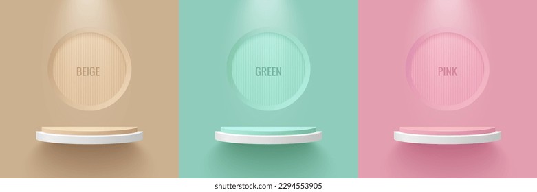 Collection of shelf for product display presentation with beige, green and pink circle background. Shelves to show product suitable for advertising