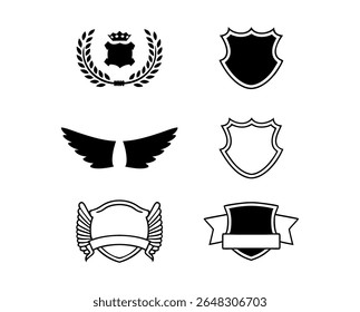 Collection of shield and emblem icons with wings and laurel wreath silhouette