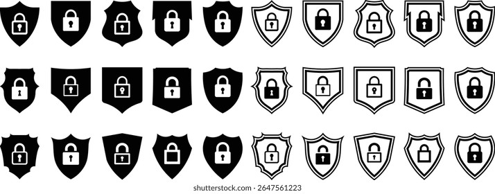 Collection of shield emblems with padlock symbols representing security concepts