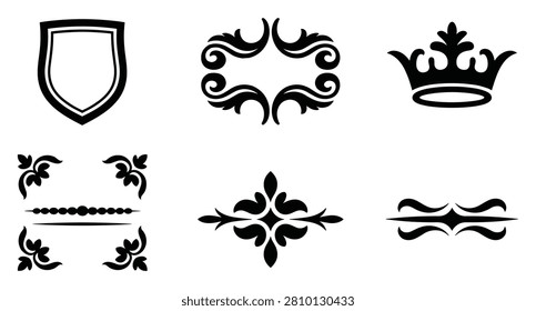 Collection of shield frames, ornate flourishes, crowns, and decorative borders for emblems and insignia.