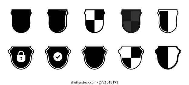 Coleção de ilustração de vetor de ícone de escudo. Proteção, segurança, medieval, heráldica, segurança, vetor de símbolo de crista. Vetores de preenchimento do ícone de segurança definidos para a interface do usuário.