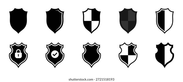 Coleção de ilustração de vetor de ícone de escudo. Proteção, segurança, medieval, heráldica, segurança, vetor de símbolo de crista. Vetores de preenchimento do ícone de segurança definidos para a interface do usuário.