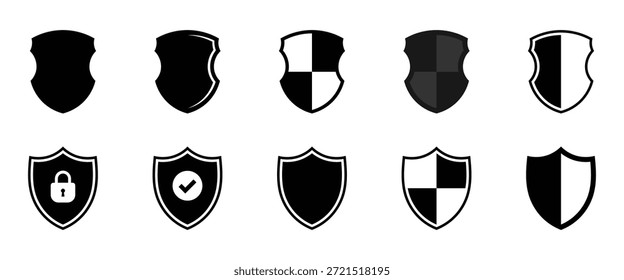 Coleção de ilustração de vetor de ícone de escudo. Proteção, segurança, medieval, heráldica, segurança, vetor de símbolo de crista. Vetores de preenchimento do ícone de segurança definidos para a interface do usuário.