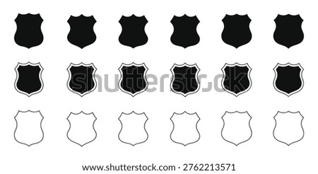 Collection of shield icon vector on white background. security badge, police badge sign vector. heraldic badge symbol. Set of shields. Shield icon vector, badge shape. Security, football patches.
