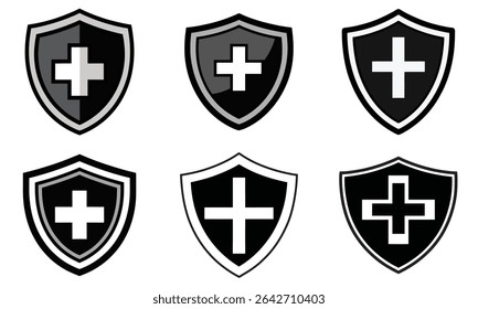 Collection of Shield Icons with Cross Symbols in Various Styles, people life insurance icon set safety health assurance policy medical shield service vector with aid cross symbol illustration