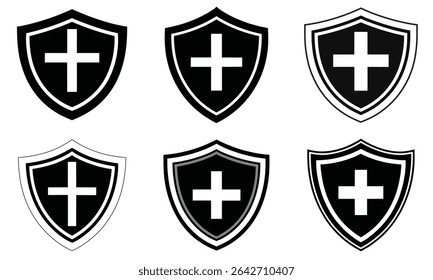 Collection of Shield Icons with Cross Symbols in Various Styles, people life insurance icon set safety health assurance policy medical shield service vector with aid cross symbol illustration
