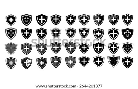 Collection of Shield Icons with Cross Symbols in Various Styles, people life insurance icon set safety health assurance policy medical shield service vector with aid cross symbol illustration