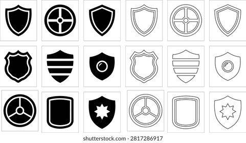 Collection of shield icons and emblems in black and white line art silhouette