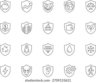 Colección de íconos de escudo con un estilo de línea delgada y trazos editables, adecuados para diseños de seguridad, protección o relacionados con la confianza.