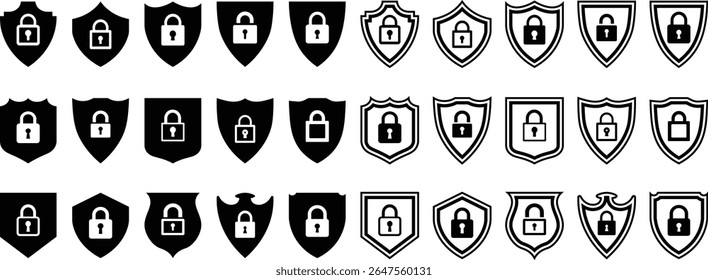 Collection of shield icons with padlocks representing security and protection concepts