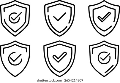 Collection of shield icons representing security verification and approval in simple outlines