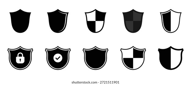 Coleção de ícones de escudo representando segurança e verificação. Ícones de blindagem com marcas de seleção que representam segurança e aprovação isoladas no fundo branco.