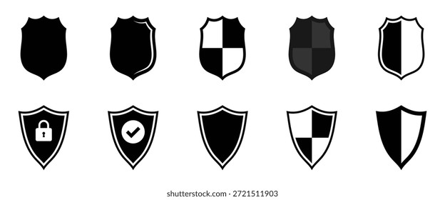 Coleção de ícones de escudo representando segurança e verificação. Ícones de blindagem com marcas de seleção que representam segurança e aprovação isoladas no fundo branco.