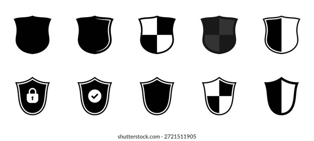 Coleção de ícones de escudo representando segurança e verificação. Ícones de blindagem com marcas de seleção que representam segurança e aprovação isoladas no fundo branco.
