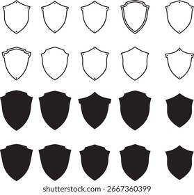 Colección de íconos de escudo en varios estilos, que van desde contornos simples hasta siluetas negras sólidas. Conjunto de Ilustración vectorial.
