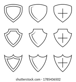 Collection of shield in outline style. Shield icons. 240x240 pixel perfect icons. Protection symbol for web design banners and other, isolated on white background. Editable stroke. Vector