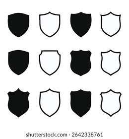 Collection of Shield Outlines and Solid Shapes Depicting Security, Protection, and Defense in Varied Designs Emphasizing a Guardian Theme